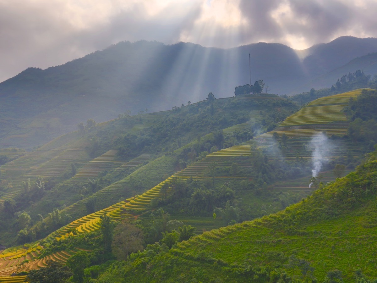 Pancaran cahaya matahari di atas teratak sawah di Sapa